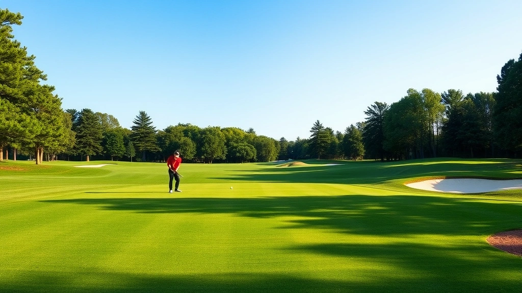 Scenic golf course landscape showing fairway, green, and bunkers with golfer preparing to hit approach shot, manicured greens and trees in background, clear blue sky