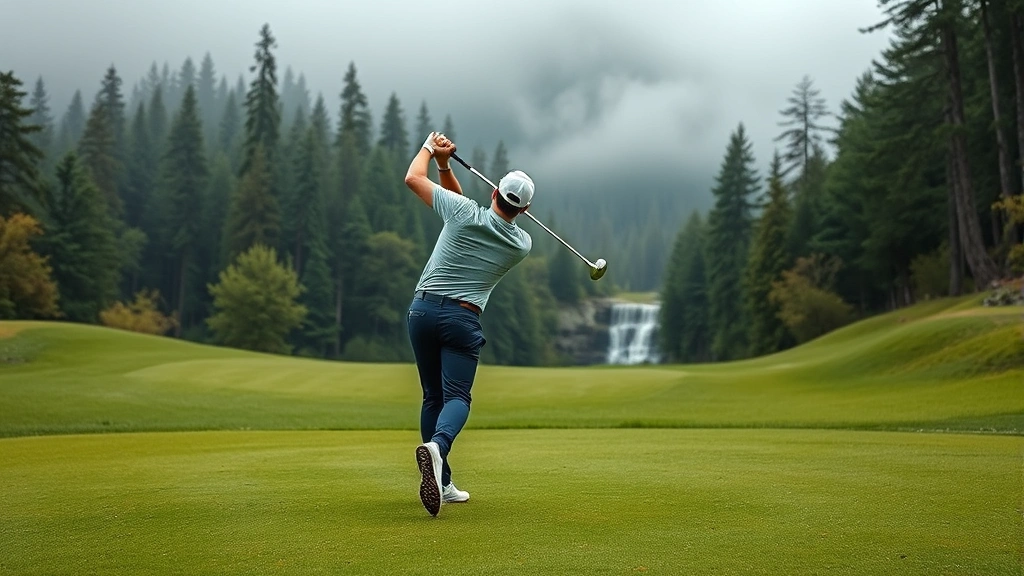 Golfer mid-swing on lush green fairway with misty forest backdrop and distant waterfall, professional photography, natural lighting