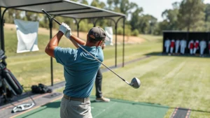 Golfer practicing swing mechanics on driving range with golf balls and training aids, professional instruction setting, natural daylight, focused concentration