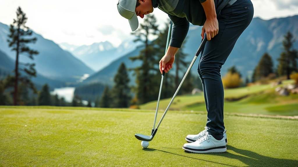 Golfer addressing ball on elevated green at scenic mountain course, studying slope and reading break, calm focused expression, professional golfer positioning