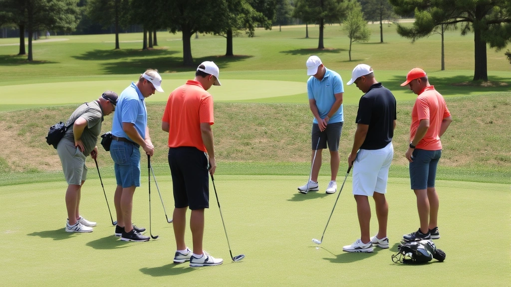 Group of golfers on practice green working on putting technique, different distances from hole, coach providing instruction, collaborative learning environment