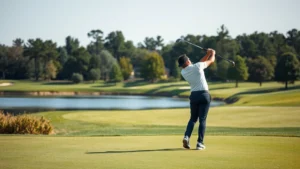 Professional golfer mid-swing on manicured fairway with water hazard and trees in background, natural daylight, serene course landscape