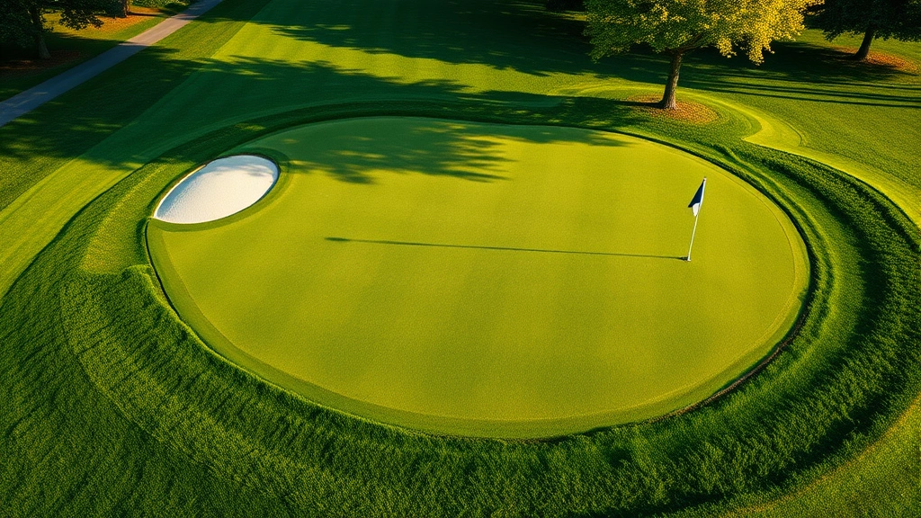 Elevated view of pristine putting green with sand bunkers, pin flag, and manicured rough, championship-quality course conditions, natural lighting