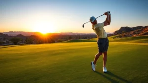 Golfer mid-swing at sunrise on well-manicured fairway with distant mountains and desert landscape, natural lighting showcasing form and technique