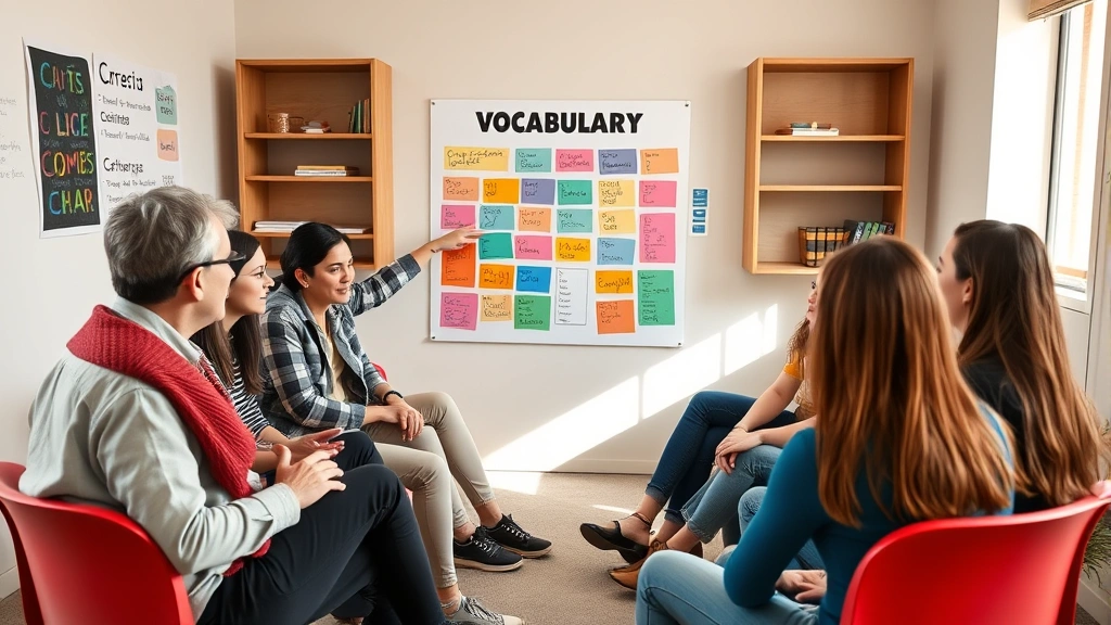 Diverse group of adult students sitting in classroom circle with Spanish instructor pointing to colorful vocabulary poster, bright natural lighting, engaged facial expressions, no visible text or letters