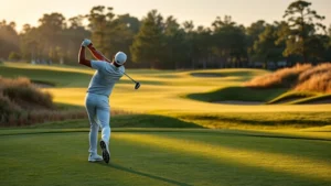 Professional golfer mid-swing on well-maintained fairway with natural terrain features, morning sunlight, lush grass, trees in background, no people visible except golfer