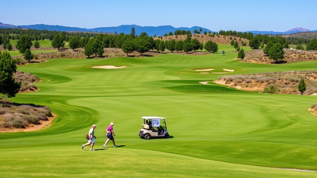 Golfers walking fairway with golf cart following, manicured course landscape, strategic hazards visible, natural terrain, clear sky, peaceful golf course environment