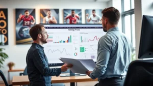 Professional sports manager in modern office reviewing strategic plans on large monitor with team collaboration visible in background, contemporary workplace setting with athletic posters