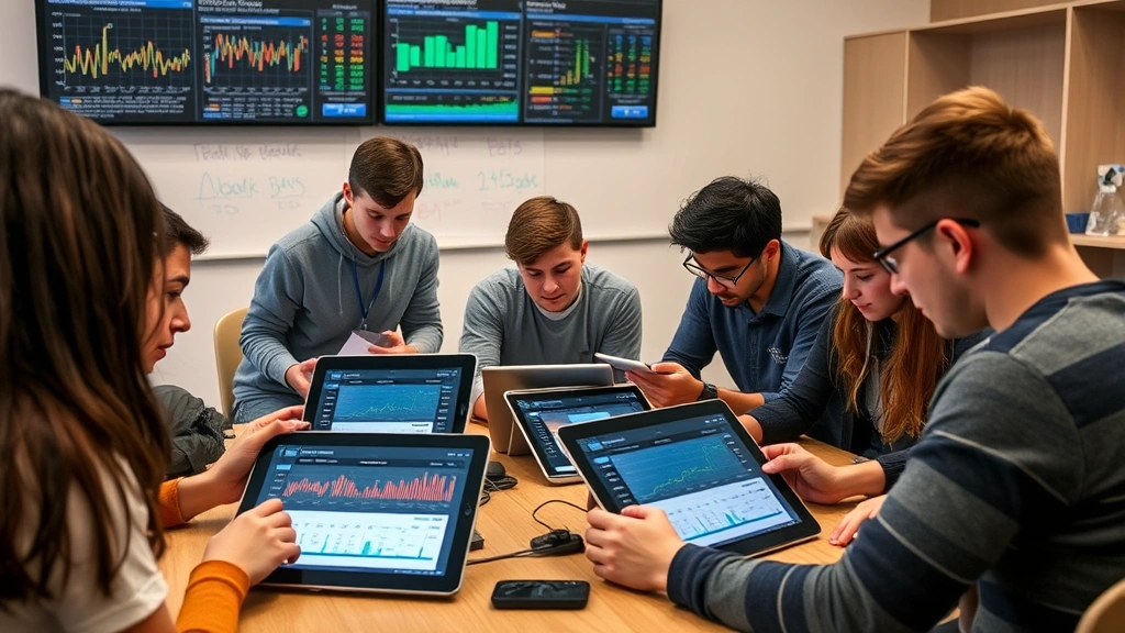 Diverse group of students analyzing sports statistics and data on tablets and laptops during classroom discussion, engaged learning environment with sports analytics displayed