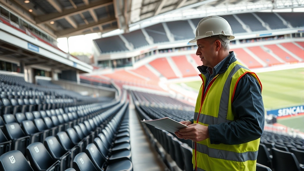 Athletic facility manager conducting safety inspection of professional stadium seating areas and venue infrastructure, demonstrating operational oversight and facility management