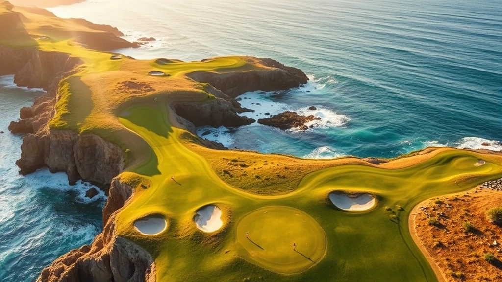 Aerial view of dramatic coastal golf holes with turquoise Pacific Ocean crashing against rocky cliffs, manicured fairways in morning light, no golfers visible, photorealistic landscape photography