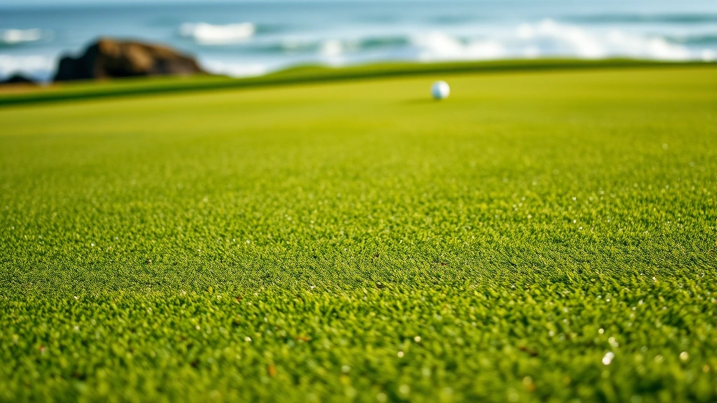 Close-up of perfectly maintained putting green with subtle contours and morning dew, ocean blurred in background, professional turf quality, natural lighting, no text or markers
