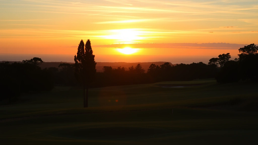 Sunset view across championship golf course fairway with cypress trees silhouetted against golden sky, coastal landscape rolling toward distant ocean horizon, serene and atmospheric