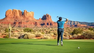 Golfer mid-swing on desert golf course with red rock formations visible in background under blue sky, professional photography style