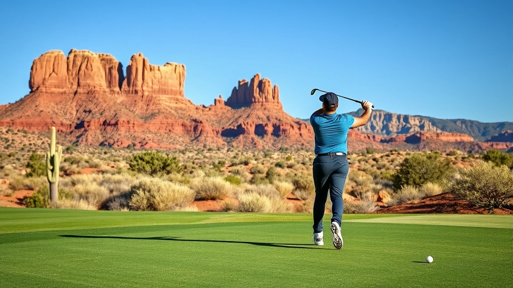 Golfer mid-swing on desert golf course with red rock formations visible in background under blue sky, professional photography style