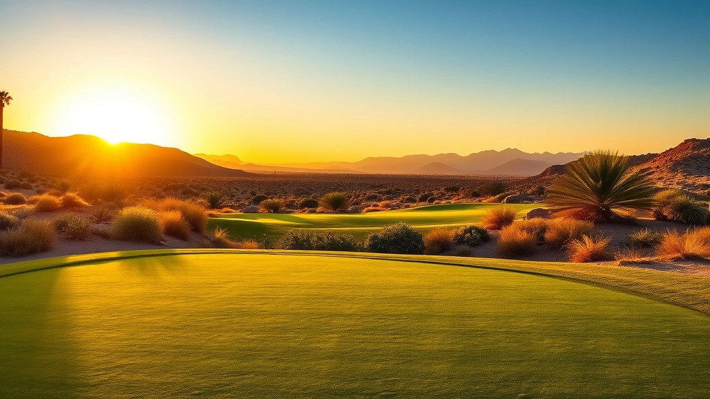 Pristine golf green with manicured fairway leading toward distant mountains, golden afternoon sunlight, desert landscape with native vegetation