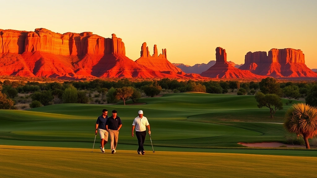 Group of golfers walking on scenic golf course during sunset with St. George red rock cliffs silhouetted in background, warm lighting