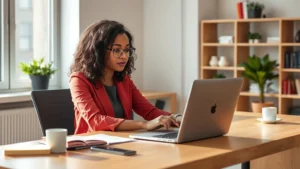 Professional adult learner sitting at modern desk with laptop, engaged in online course work, natural lighting from window, focused concentration, diverse inclusive setting
