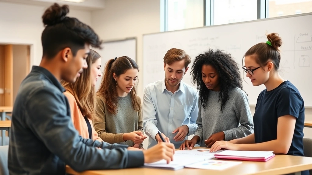 Diverse group of students collaborating on a project in a bright contemporary classroom, hands-on learning activity, whiteboards with diagrams in soft focus background