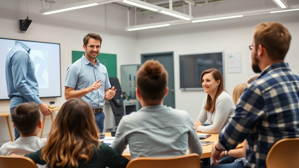 Instructor presenting to attentive mixed-age students in professional development workshop, modern training facility, practical demonstration of skills, authentic engagement