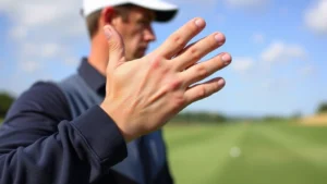 Professional golfer demonstrating proper grip and hand position during address position on a practice range, showing detailed finger placement and natural arm positioning