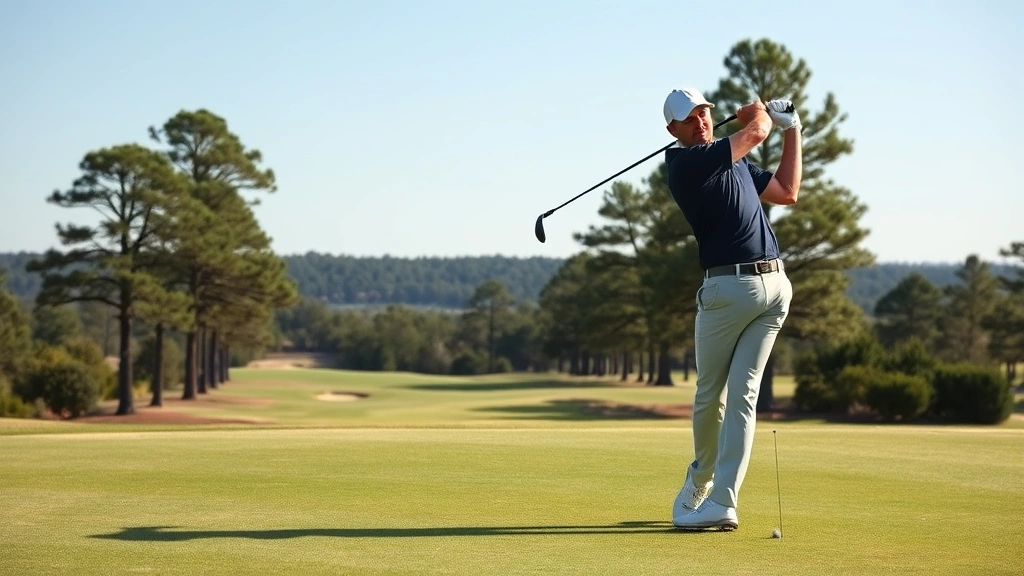 Professional golfer executing perfect golf swing on manicured fairway with pine trees and Georgia landscape in background, clear blue sky, natural daylight, realistic photography
