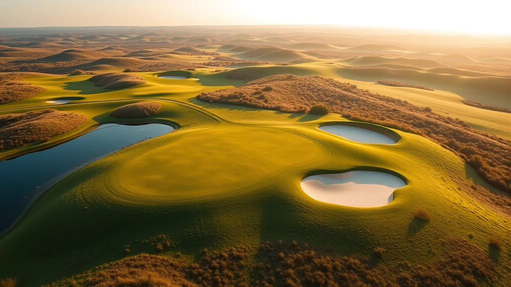 Aerial view of scenic golf course hole with green surrounded by sand bunkers, water hazard, and rolling terrain, golden afternoon light, photorealistic course design