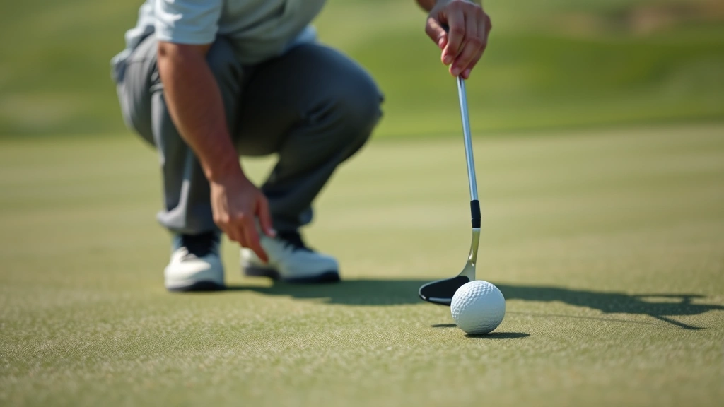 Close-up of golfer reading putting green on smooth manicured golf course, analyzing break and slope with focused concentration, natural grass texture visible, realistic outdoor setting