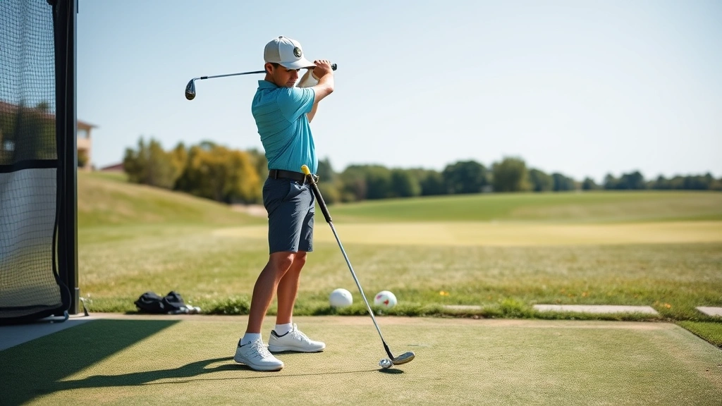 Beginner golfer in proper stance position on practice range, demonstrating correct posture and alignment with clubs on ground, natural lighting, clear focus on body positioning