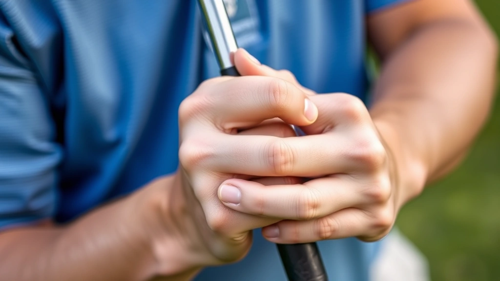 Close-up of hands demonstrating proper golf grip on club, showing overlapping grip technique with relaxed finger position, neutral V-shape alignment, detailed view of hand mechanics