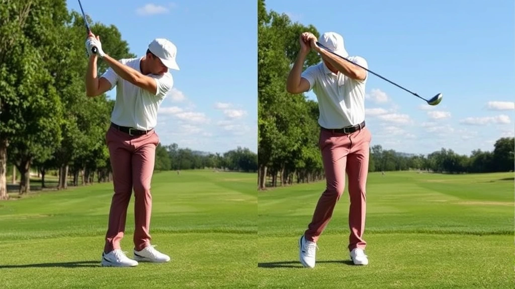 Golfer mid-swing demonstrating full follow-through position with balanced stance, club finishing high across body, weight transferred to front foot, successful shot execution captured