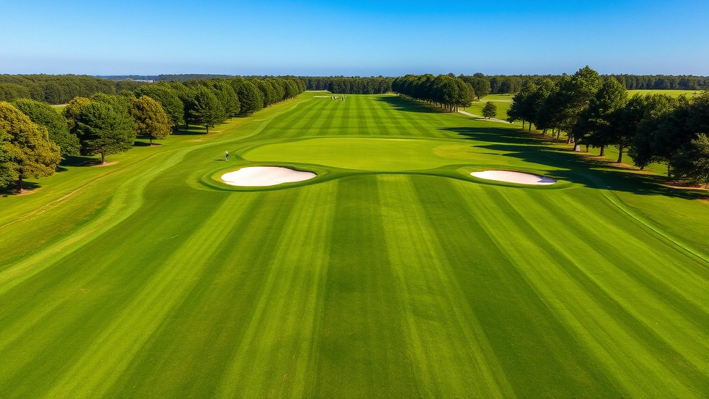 Aerial view of lush green fairway with strategic bunkers and mature trees lining both sides, golfers walking fairway in distance, clear blue sky, professional landscaping, natural beauty