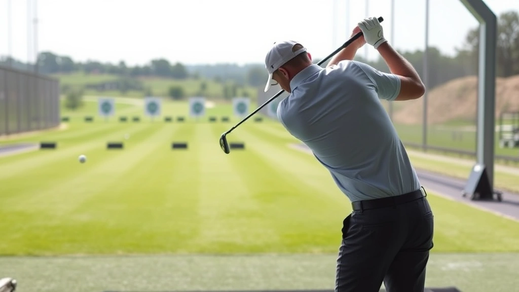 Professional golfer mid-swing on practice range with multiple golf balls and distance markers visible, driving range facility with targets, natural lighting, focused athletic movement