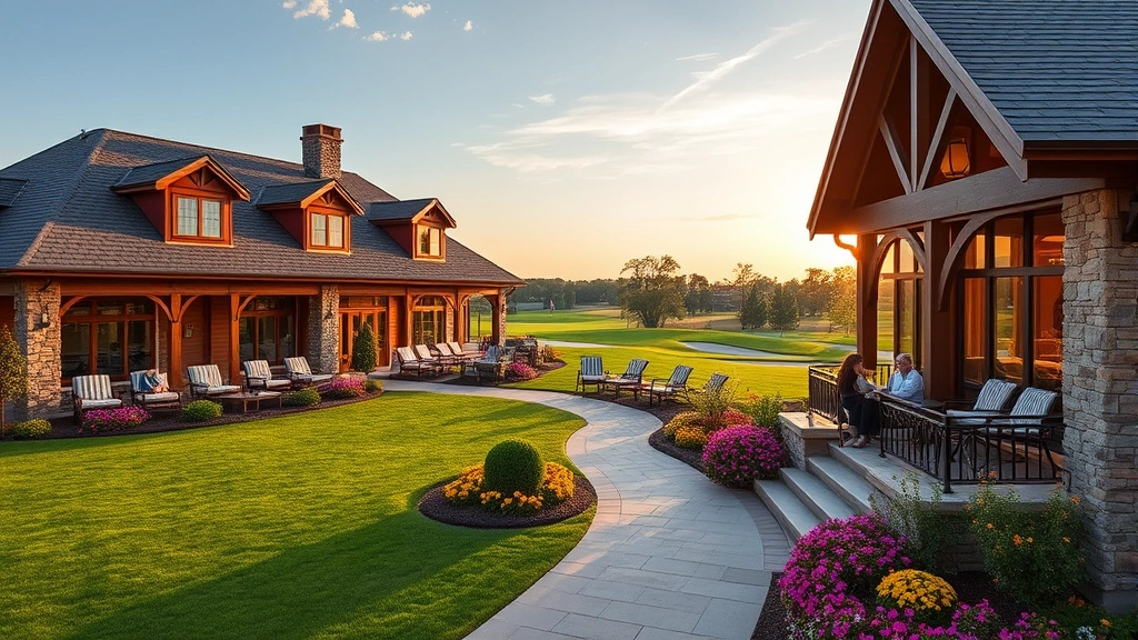 Elegant clubhouse exterior with manicured grounds, stone and wood architecture, flowering gardens, members relaxing on terrace overlooking golf course in background, late afternoon golden light