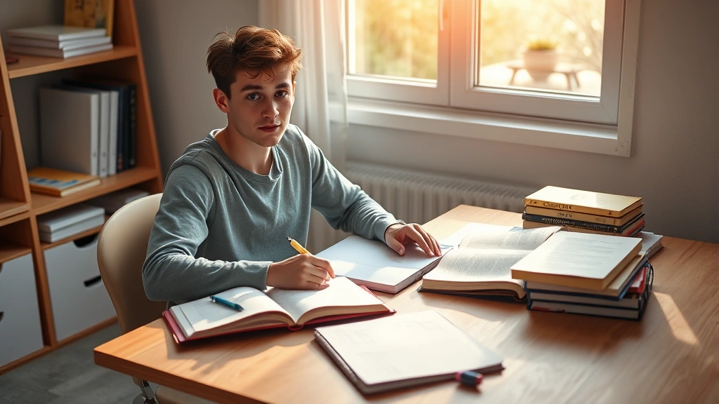 Student sitting at clean wooden desk with open textbooks and notebook, natural morning light streaming through window, focused expression, minimalist organized workspace, photorealistic