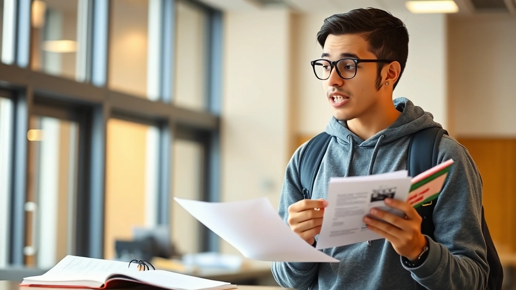 College student explaining concept aloud while pointing to study notes, engaged expression, holding flashcard, bright indoor setting, warm lighting, active learning demonstration
