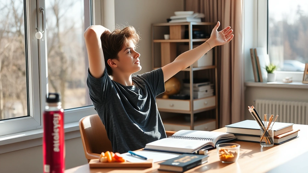 Student taking a break from studying, stretching near window with water bottle nearby, healthy snacks on desk, sunlit room, balanced wellness approach, peaceful concentration
