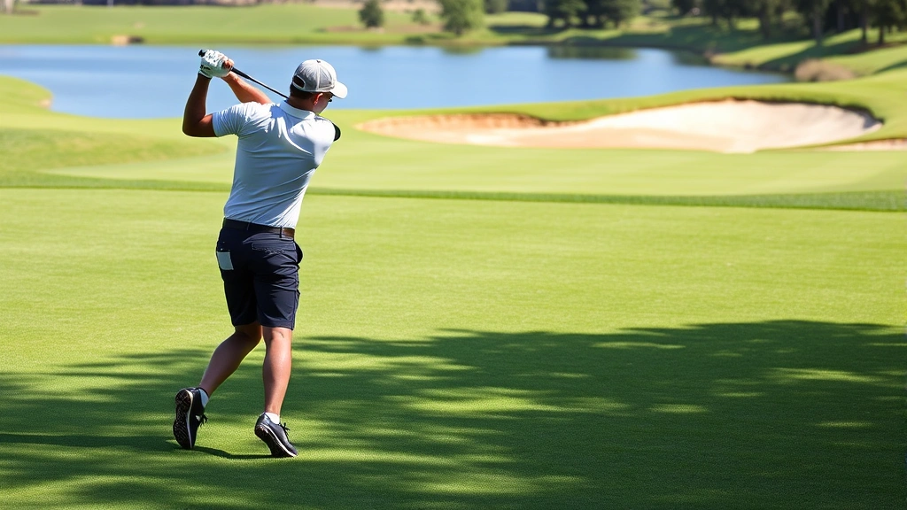 Professional golfer mid-swing on manicured fairway with water hazard and sand bunker visible in background, lush green landscape, natural lighting, focus on form and technique
