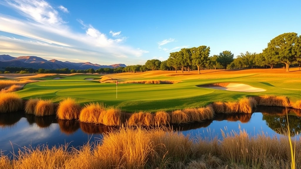 Scenic golf course hole with elevation changes, native grasses, water feature reflecting sky, tree-lined fairway, morning golden hour lighting, serene natural setting