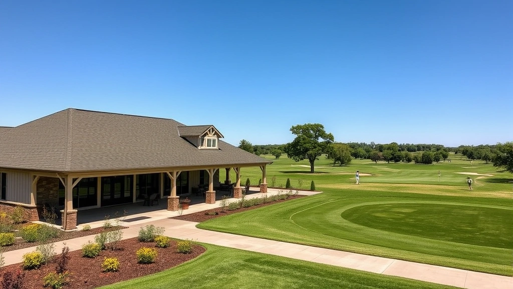 Golf course clubhouse exterior with practice range visible, well-maintained grounds, golfers in distance on fairway, professional maintenance equipment, welcoming landscape design