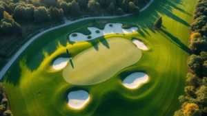Aerial drone view of a professionally designed golf course with manicured fairways, multiple bunkers, water hazards, and surrounding natural vegetation in morning light, showing complete hole layout from tee to green