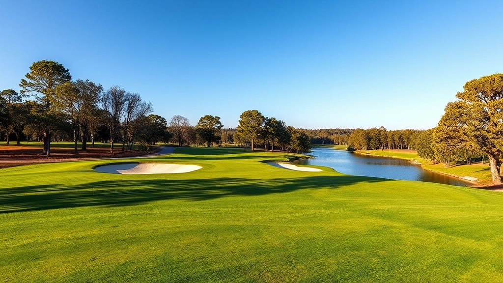 Wide landscape photograph of a scenic golf hole featuring elevated tee box, strategic bunker placement, water feature, undulating green, and natural tree-lined borders under clear blue sky
