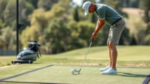 Golfer in proper stance addressing the ball on practice range with alignment sticks visible, focused concentration, natural daylight, photorealistic professional setting