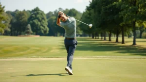 Professional golfer executing full swing on manicured fairway with trees lining the background and well-maintained grass surface
