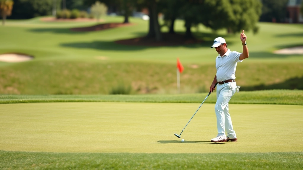 Golfer celebrating successful putt on pristine putting green with course landscape and maintenance standards visible in background
