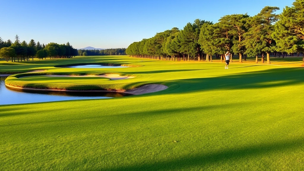 Scenic golf course fairway with manicured green grass, water hazard reflecting blue sky, mature trees lining hole, golfer in distance taking swing, morning sunlight creating long shadows