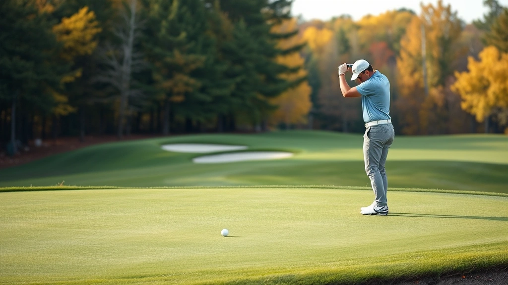 Golfer celebrating successful putt on elevated green, manicured putting surface with subtle breaks, bunker in background, autumn foliage surrounding course, natural lighting