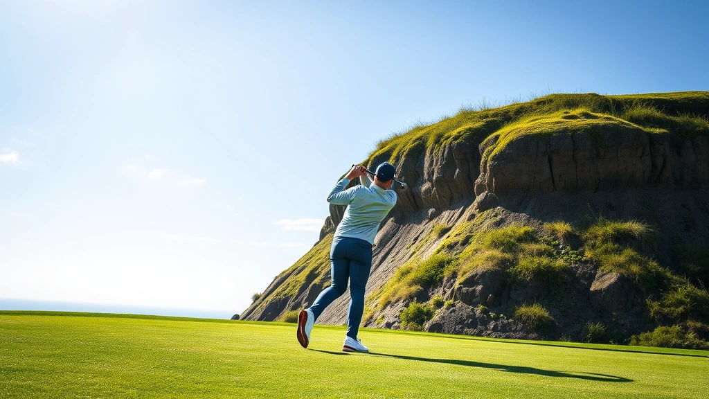 Golfer mid-swing on elevated fairway with dramatic slope downward, lush green grass and blue sky, professional form captured mid-motion