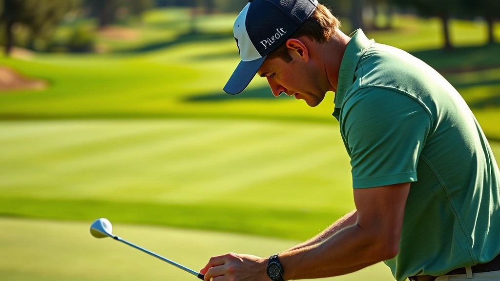 Golfer analyzing terrain and reading green contours, studying slope with focused concentration, natural daylight illuminating course features