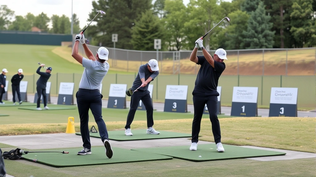 Multiple golfers practicing at driving range with varied elevation markers, demonstrating different swing positions on sloped ground during practice session